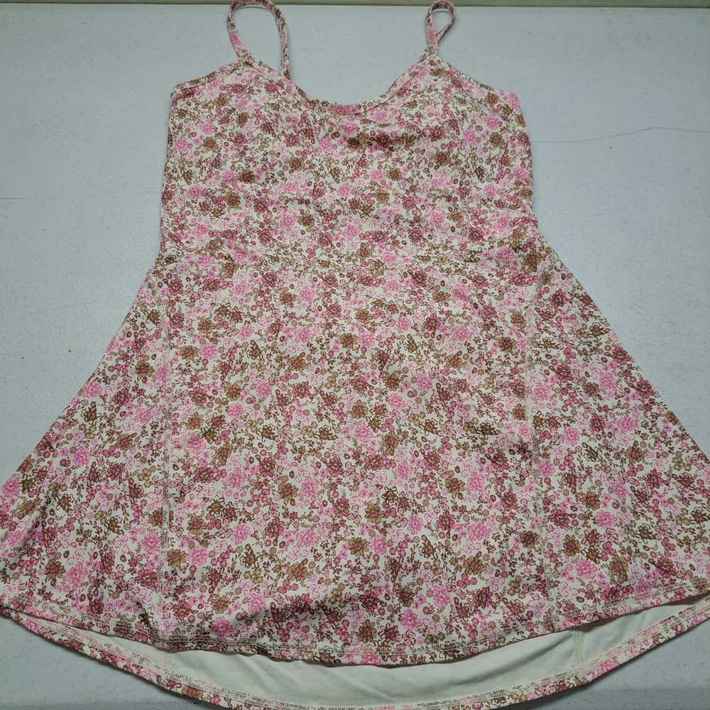 JoyLab Womens Dress L Cinch Back Pink Brown Floral Built-in Shorts 2001-320